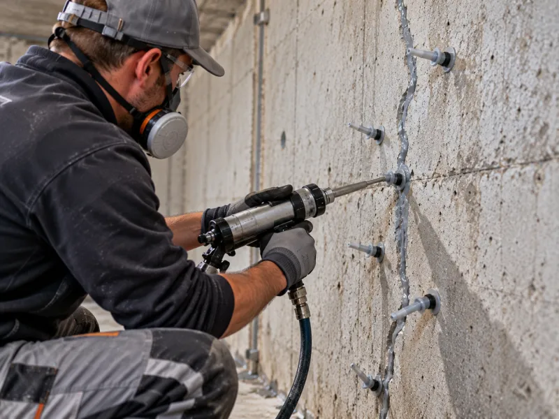 Rissinjektion an einer Betonwand über Injektionspacker