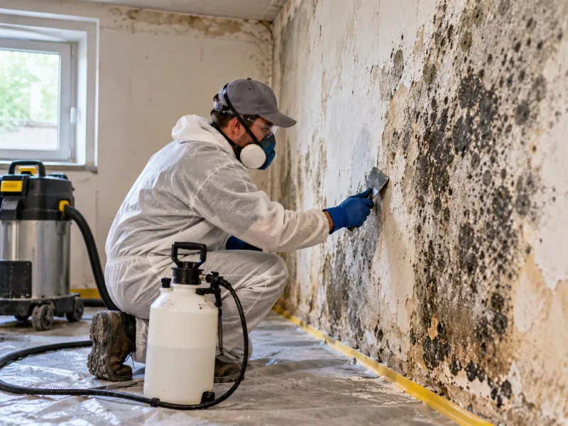 Sanierungsarbeiten an einer schimmelgeschädigten Wand